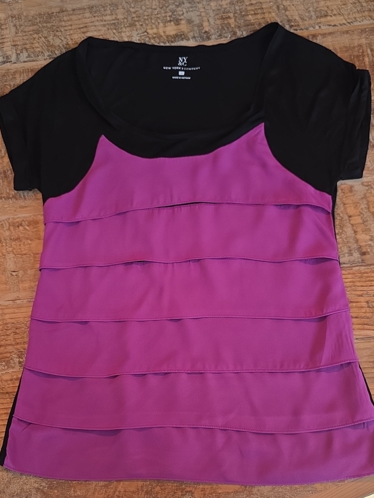 Ny & Co Purple Layered Front Short Sleeve Top - Black Trim